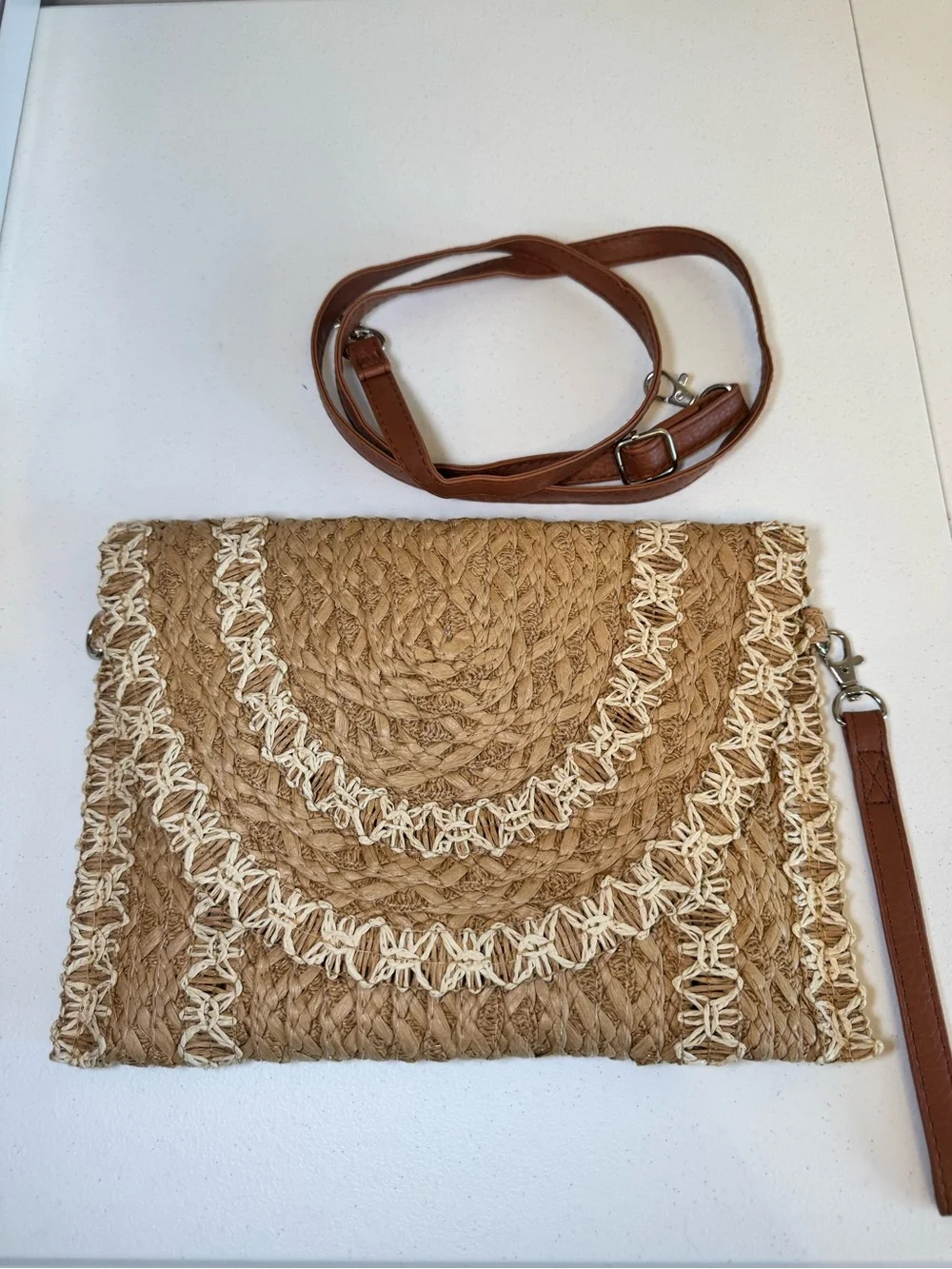Woven Straw Clutch with Cream Trim and Detachable Brown Strap